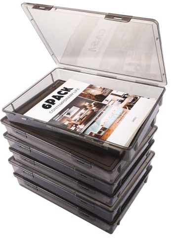 LDXDRU 6 Stück Archivbox A4, Aufbewahrungsbox mit Deckel 32.5x23x5CM Aufbewahrung aus Kunststoff A4-Format A4 Papieraufbewahrung für Bastelarbeiten, Dokumente, Künstlerbedarf Transparentes Schwarz