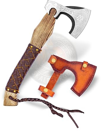 Hand Forged Carbon Steel Viking Style Bearded Axe with Leather Sheath - Real Hatchet, Throwing & Camping Axe with Leather Wrap Best Gift for Wedding Anniversary, Valentines Day, Birthday Gift for Him