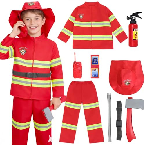 LYPPUL Costume de Pompier pour Enfants, 9pcs Set De Costume De Deguisement Pompier, Accessoires de Déguisement de Pompier pour Enfants avec Extincteur Talkies-walkies Hache pour Carnaval, Jeu de Rôle