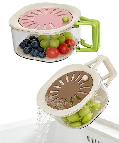 Quuztao 2PCS Fruit Washing Bowl with Strainer, Multifunctional 2 in 1 Draining & Preservation Basket, Portable Berry Washer Container