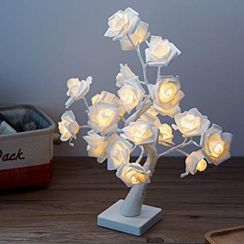 RASTKY Lampada da Albero Bonsai a 24 LED con Rose, Luce Notturna a Batteria per Soggiorno Camera da Letto, Regalo di Natale Ideale per i Bambini (WHITE)