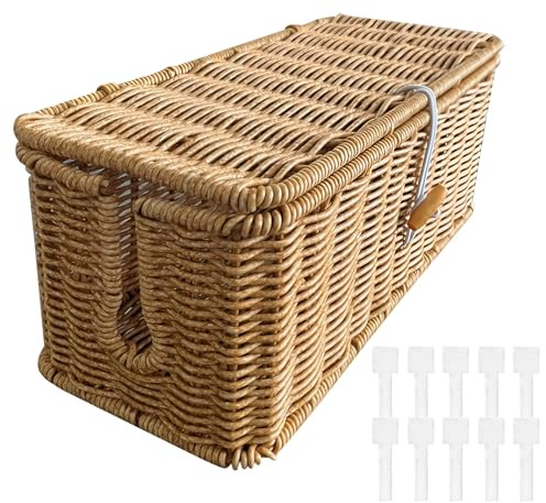 VEGCOO Imitation Rattan Cable Tidy Box Large, 33 x 13.5 x 13 cm Desktop Cable Management Box with 10 Cable Ties, Extension Lead Box for Decorative Cord Hider for Home Office TV Stand