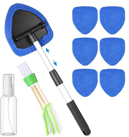 MICHIHOMIE Car Window Cleaner, Windscreen Cleaner Tool, Car Windshield Cleaning Tool Set, Microfiber Pads, Spray Bottle, Auto Interior Dust Brush, Multifunctional Car Glass Cleaner Tool, Blue