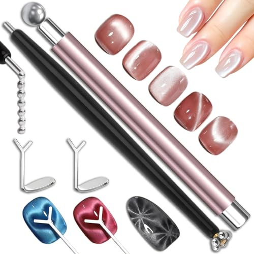 4Pcs Cat Eye Magnet Kit - Pink Strong Magnet Cat Eye Magnets With Magnetic Beads, 2 Heart Magnets, Black Nail Pen For Cat-Eye Gel Polish, DIY Nails Art, Nail Tech & Home Manicure