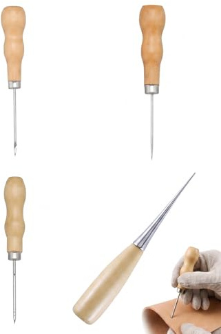 YIPFEN Set de 4 Leznas y Punzones con Mango de Madera Ergonómico. Puntas variadas (curva, recta, hueca) para coser cuero, perforar y marcar con precisión en artesanía.