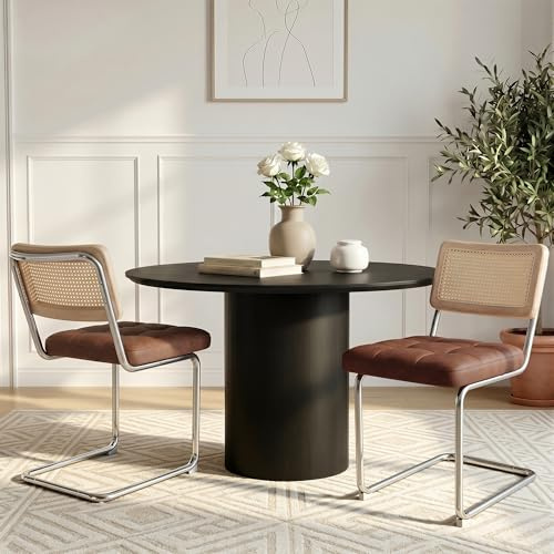 Fijinhom Esszimmerstühle 2er Set,Natürliche Rattan Rückenlehne Stühle Esszimmer,Gepolsterte Esstisch Stühle PU Leder,Moderne Breuer Design Schwingstuhl Esszimmer,Chrom Metallbeine Küchenstuhl,Braun