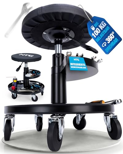 NTG Rollhocker höhenverstellbar 55 cm - Werkstatthocker 100 kg 5 Rollen | Drehhocker Montagehocker mit PU-Sitzpolster Ablageschale - Werkstattsitz für Garage Kfz Werkstatt Montage