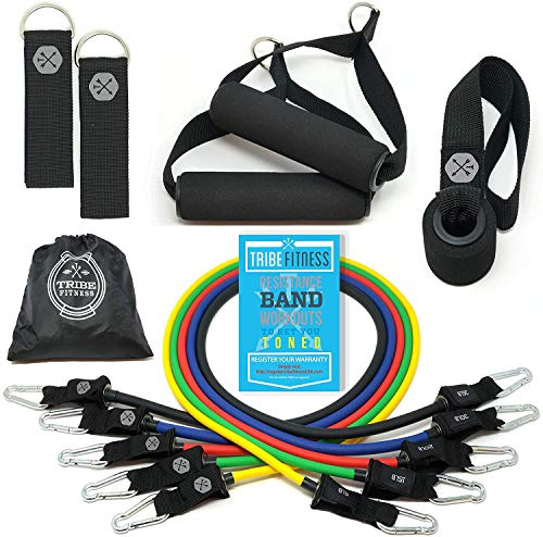 Tribe Resistance Bands Set for Men & Women, 5pc 105LB Set, Workout & Travel, Strength Training, Exercise Bands with Handles & Ankle Straps, Durable Anti-Snap, 5 Resistance Levels