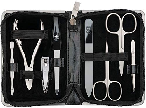 DREI SCHWERTER Germany Maniküreset Nagelnecessaire 'Andria' - 8-tlg. aus schwarzem Kunstleder, Inhalt: Nagelschere, Nagelzange, Glasnagelfeile, Hautschere, Pinzette und vieles mehr!