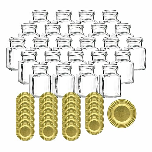 gouveo 24er Set Einmachgläser 150 ml eckig mit Schraubverschluss goldfarben - Kleine Vorratsgläser mit Deckel - Leere Gewürzgläser, Marmeladengläser, Einkochgläser (EGE150G)