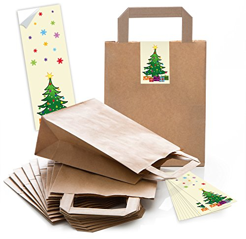 Logbuch-Verlag 10 braune Papiertüten mit Boden & Tragegriff - Kraftpapier Tüte mit Weihnachtsaufkleber Baum gelb grün