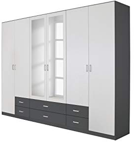 Rauch Möbel Gamma Schrank Drehtürenschrank Kleiderschrank in Grau Metallic/Weiß, Schwarz, Spiegel, 6-türig, 6 Schubladen, mit Zubehörpaket Basic 3 Kleiderstangen, 3 Böden BxHxT 271 x 210 x 54 cm