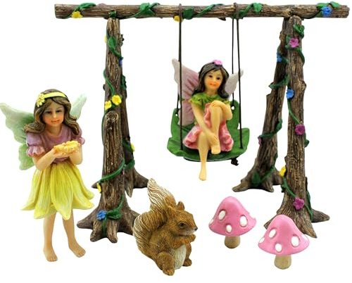 PRETMANNS Fairies for Fairy Garden - Accessories Starter Kit with Figurines, Swing Set, Squirrel & 2 Mushrooms – Ideal for Indoor Outdoor Miniature Garden – 6 Hand-Painted Resin Items