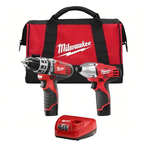 Milwaukee M4 2497-22 Kombi-Bohrhammer, 3/8 Zoll, 12 V, mit Schlagpistole, 1/4 Zoll, 12 V und Tasche 2 Bat M12 CP1.5 Carg-Box