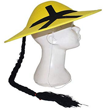 CHAPEAU DE CHINOIS JAUNE AVEC NATTE - ADULTE
