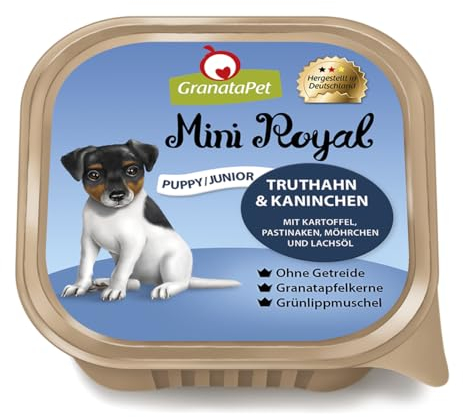 GranataPet Mini Royal Truthan & Kaninchen Junior, Nassfutter für Hunde, Hundefutter ohne Getreide & ohne Zuckerzusatz, Alleinfuttermittel für heranwachsende Hunde, 11 x 150 g