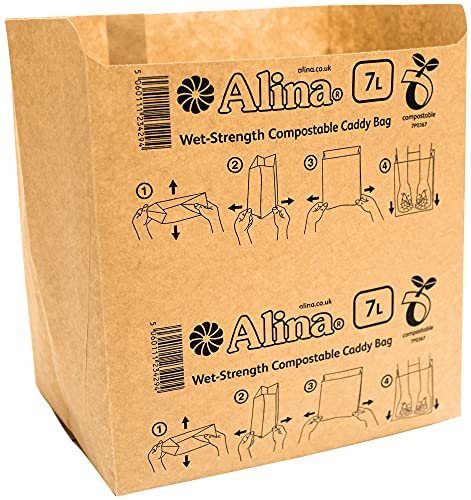 Alina kompostierbarer Papier-Caddy-Müllbeutel/Müllbeutel für Lebensmittelabfälle/biologisch abbaubarer 7-Liter-Papiersack 50 x 6 l bis 8 l (braun, 50 Beutel)
