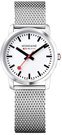 Mondaine Simply Elegant Unisex Armbanduhr aus Edelstahl in der Farbe Silber 36mm, Wasserdichtigkeit: 3 Bar, A400.30351.16SBM