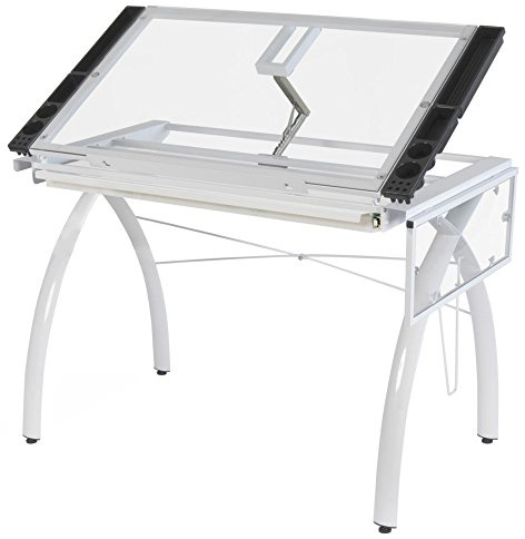 SD Studio Designs 10096 Futura Station with Folding Shelf Top Adjustable Drafting Craft Drawing Hobby Table Writing Studio Desk with Drawer, 35.5'' W x 23.75'' D, White/Clear Glass