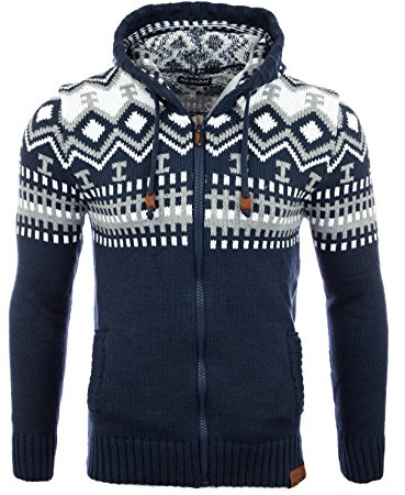 Reslad Pull d'hiver en gros tricot norvégien pour homme avec capuche RS-3104, bleu, S