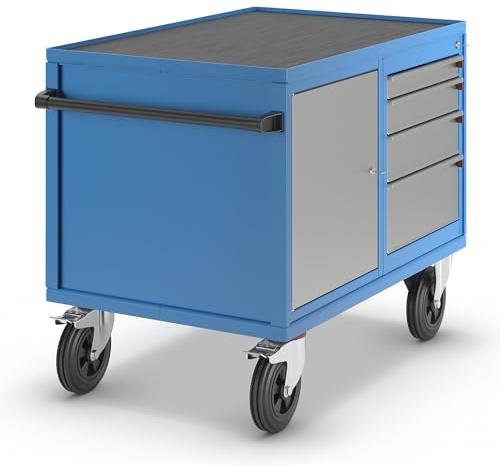 eurokraft | Montagewagen | Tragfähigkeit 500 kg | 1 Schrank | 4 Schubladen | weißaluminium RAL 9006 / lichtblau RAL 5012