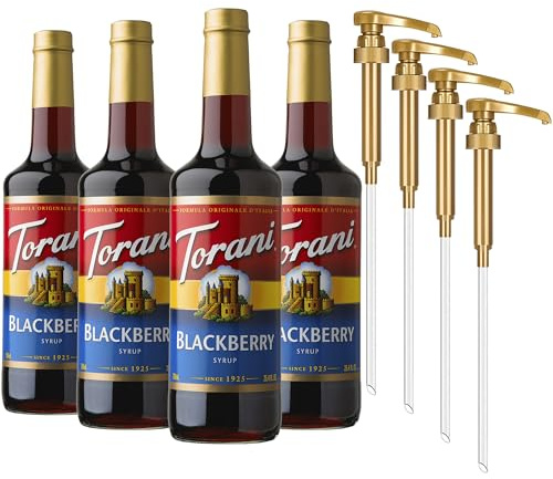 Torani Blackberry Syrup for Drinks, Flavoring for Iced Tea, Lemonade, and Sodas, Glass Bottle 4-Pack, Pumps Included, 25.4 Fl Oz Ea