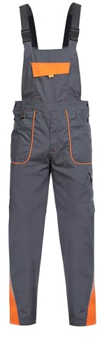 Stenso Prisma Arbeitshosen Männer Latzhose Herren Arbeitshose aus Ripstop - Leichtes und Verschleißfestes Material, Arbeitslatzhose Herren mit Cargotasche, Elastische Taille Grau/Orange EU60