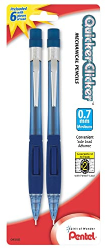 Pentel Quicker Clicker Mechanical Pencil, (0.7mm), Transparent Blue Barrel, Pack of 2 (PD347BP2-K6)