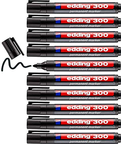 edding 300 Permanentmarker - schwarz - 10 Stifte - Rundspitze 1,5-3 mm - wasserfest, schnell-trocknend - wischfest - für Karton, Kunststoff, Glas, Holz, Metall, Glas