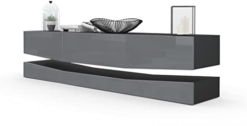 Vladon Lowboard City, Made in Germany, TV-Kommode mit Sockelelement, 1 offenem Fach und 3 Schubkästen, Schwarz matt/Grau Hochglanz (178 x variabel x 39 cm)