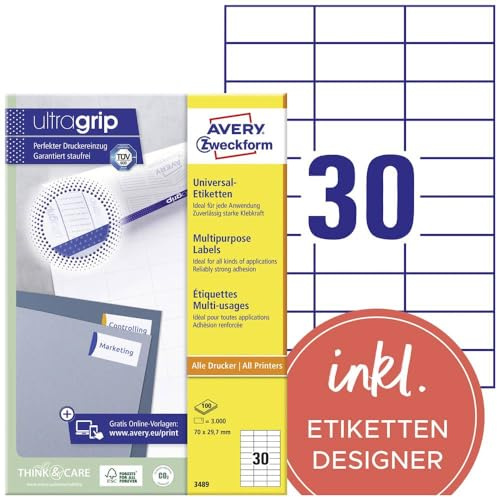 AVERY Zweckform 3489 Universal Etiketten (3.000 Klebeetiketten, 70x29,7mm auf A4, Papier matt, individuell bedruckbar, selbstklebende Aufkleber mit ultragrip) 100 Blatt, weiß