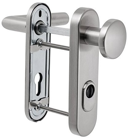 ES1 (SK2) + Feuerschutz Kurzschild-Wechselgarnitur mit ZA | V2a Edelstahl matt | 72er Abstand | G-Form Drücker