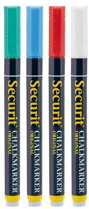 SECURIT - Set de 4 Rotuladores de Tiza Líquida - Para Superficies No Porosas (Pizarra, Vidrio, Metal, Espejo, etc.) - Punta Fina 1-2 mm - 4 Colores (Blanco, Verde, Rojo, Azul)