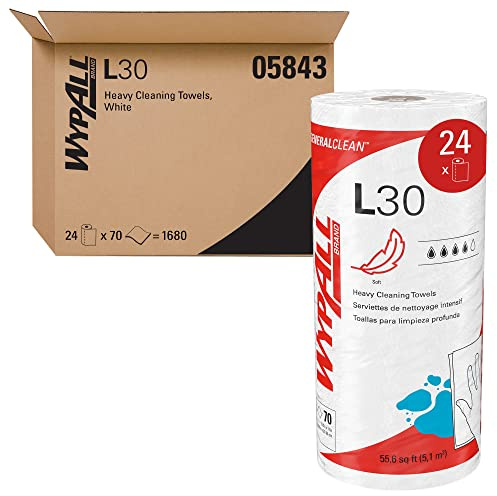 WypAll GeneralClean L30 Cloths Heavy Duty Cleaning Wipes (05843), Strong and Soft Bulk Paper Wipers, White (70 Sheets/Roll, 24 Rolls, 1,680 Sheet Total)