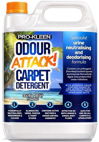 Pro-Kleen Odour Attack Pet Carpet Shampoo with Active Enzymes - Digests Urine Proteins from Dogs Cats Humans - Removes Urine, Faeces & Vomit Stains - for All Carpet Types and Machines (5 Litre Ocean)