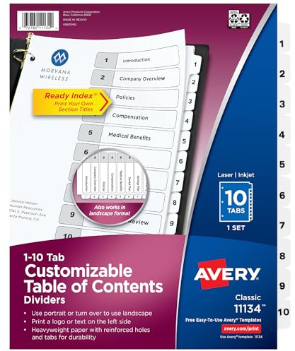 Avery Dividers for 3 Ring Binders, 10 Tabs per Set, Customizable Table of Contents, Classic White Tabs, Great for Organizing Reports, Projects, and More (11134)