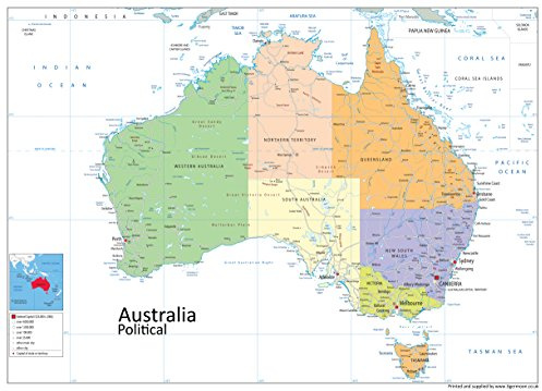Australien, politische Karte, laminiert, Format A1, 59,4 x 84,1 cm (in englischer Sprache)