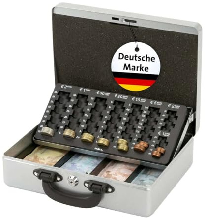 MAUL Geldkassette silber mit Zähleinsatz Schaumstoffpolster Stahl | zügiges Kassenhandling, geordnete Münzen & Scheine, Zugriffsschutz per Schloss, sicherer Transport, Deckel bleibt offen