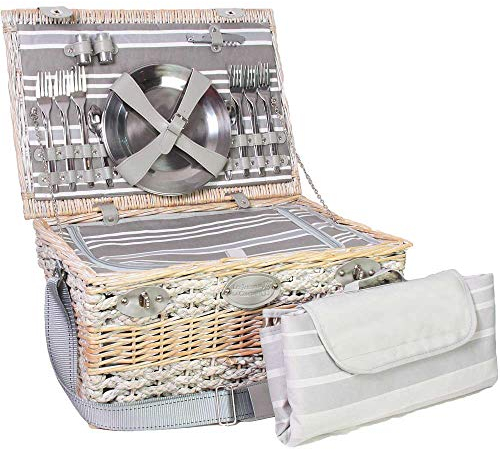 Les Jardins de la Comtesse - Picknickkorb Versailles aus Weide - Komplett Für 6 Personen - Kühlfach - Metall Teller und Weingläsern/einer wasserdichten Tischdecke - Gestreifter Stoff - 50 x 35 x 26 cm