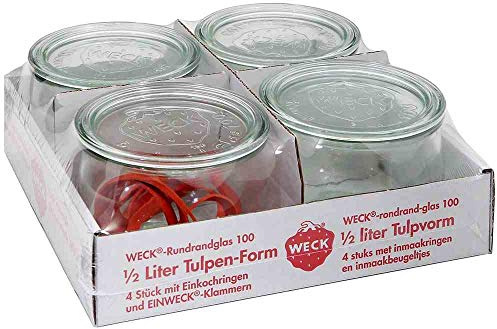 WECK 4T7-44 Tulpen-Glas 1/2L inkl. Ringe und Klammern, klar (4er Pack)