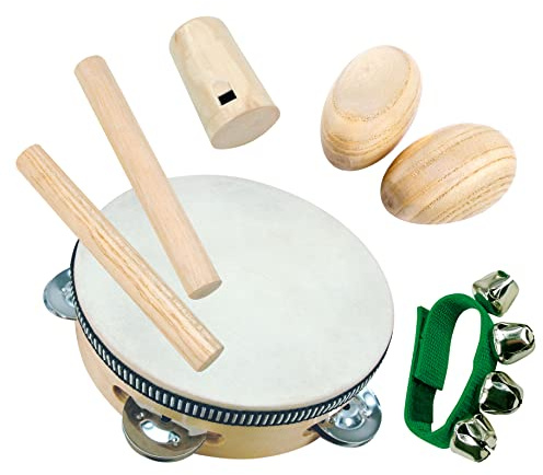Bino world of toys Mini-Orchester, Spielzeug für Kinder ab 3 Jahren (Kinder Musikinstrument, Mini-Orchester aus Leder und leichtem Holz gefertigt, 8 Teile, Tamburin, Rumbakugel, Handgelenkschelle), Beige
