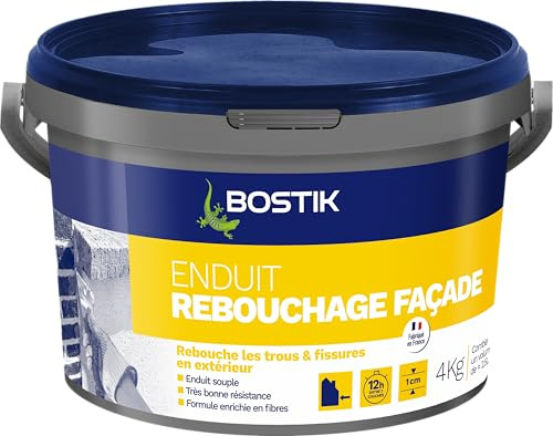 Bostik Enduit de Rebouchage Façade en Pâte - Pot 4 kg | Prêt à l’Emploi - Intérieur/Extérieur - Tous Supports - Rebouchage et Égalisation de Trous et Fissures Jusqu’à 1 cm - Blanc