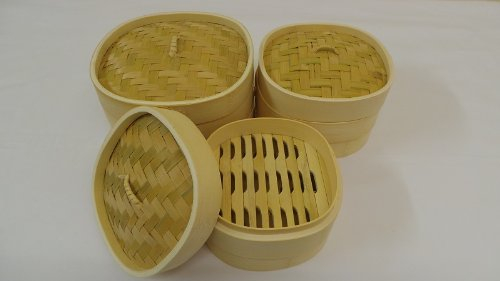 5 Superior Quality Square Rounded Bamboo Steamer 2 Layers with 1 Lid with 25 Free Dim Sum Papers