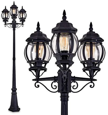 Lampada da esterno Kobe, candelabro in stile antico, in fusione di alluminio nero, lampada da sentiero a 3 bracci da 230 cm, lampada da giardino retrò/vintage, attacco E27, IP44, senza lampadina/e