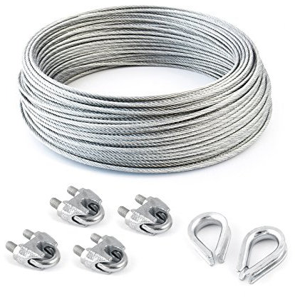 Set 5m Steel Wire Rope galvanised 3mm Strand: 6x7 + 4 Clips + 2 thimbles - Many Sizes Avaliable