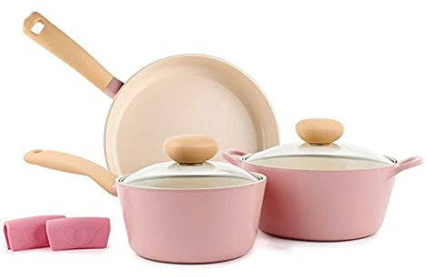 Retro 5-Piece Ceramic Non-Stick Cookware Set, Pink