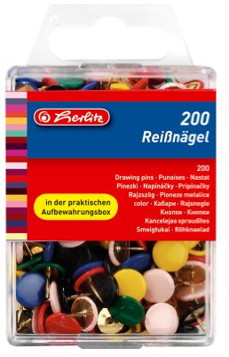 Herlitz Reißnagel rund, kunststoffummanteltes Metall, 200 Stück in Hängebox, farbig sortiert