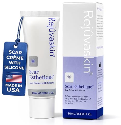 Rejuvaskin Scar Esthetique Scar Cream with Silicone, Reduces the Appearance of Surgical Scars, Burns, Stretch Marks, Keloids & Acne Scars, 10ml/0.338 Oz