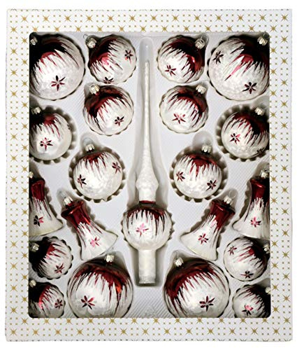 Jingle Bells Lauscha 21-teiliges Modern Art Christbaumkugel Set, Mundgeblasene Kugel, Eisweiß mit Bordeaux Dekor, Hängend, Glas, Weihnachtskugel, Weihnachten, Geburtstag, Muttertag