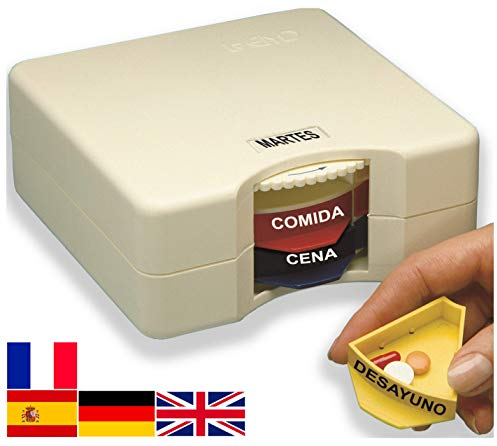 NOVEDAD - pastillero semanal INTELIGENTE - SIN TAPAS - Evita CONFUSIONES pues solo presenta acceso a las pastillas del día correspondiente, posicionando cada día mediante el giro de la rueda